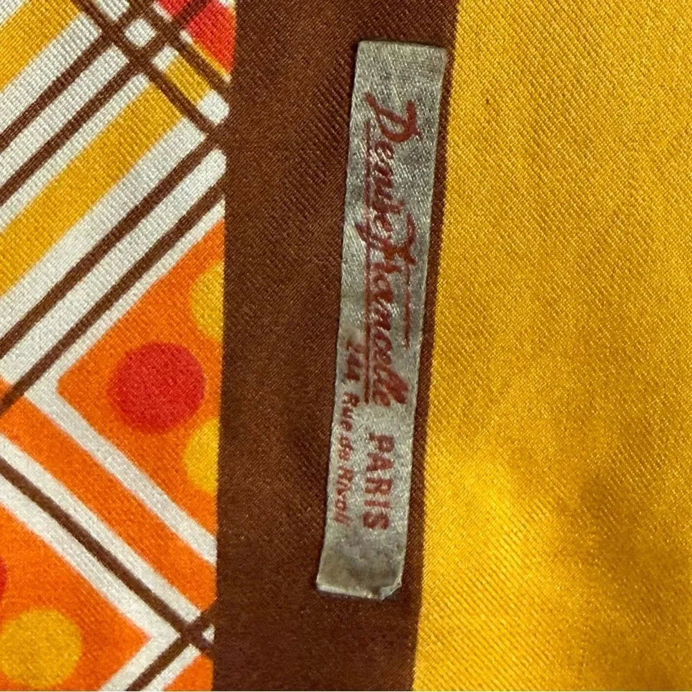 Vintage 1970s Paris Yellow Orange and Brown Geometric Plaid Polyester Scarf